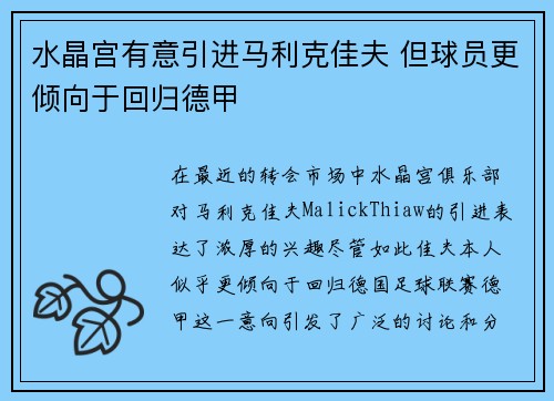 水晶宫有意引进马利克佳夫 但球员更倾向于回归德甲