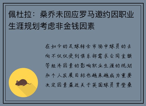 佩杜拉：桑乔未回应罗马邀约因职业生涯规划考虑非金钱因素