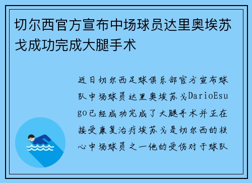 切尔西官方宣布中场球员达里奥埃苏戈成功完成大腿手术